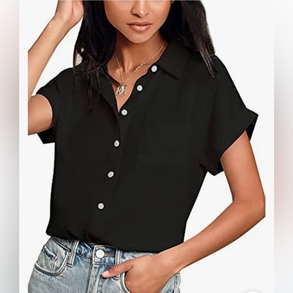 Black short sleeve button down V-Neck